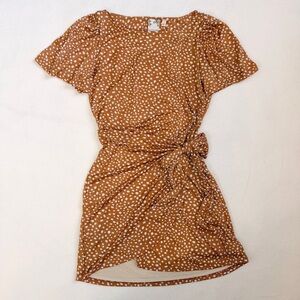 Blu Pepper camel brown polka dot flutter sleeve mini wrap dress cozy neutral S